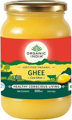 A TATA Product - Organic India Pure Cow Ghee, 500ml, Lab Tested on 600+ Parameters, Certified Organic, Glass Bottle, Sourced from Organically Fed Cows, Authentic Taste, Rich in Healthy Fat
