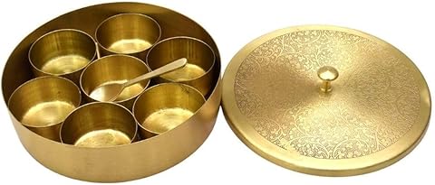 Tarang Arts Brass Masala Daani Box | Traditional Storage Brass Spice Box | Handcrafted Masala Dabba for Kitchen, Gifting | 7 Containers, 40 ML | 3x6 Inches