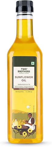 Two Brothers Organic Farms Sunflower Oil I Cold-Pressed (1L) | Rich in Omega-6 & Natural Antioxidants | Pure, Single-Filtered | Ideal for Frying, Sauteing & Tadka