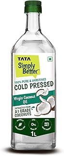 Tata Simply Better Pure and Unrefined Cold Pressed Virgin Coconut Oil, Naturally Cholesterol Free, Kolhu/Kacchi Ghani/Mara Chekku/Ganuga, 1L, Rich Aroma & Flavour of Real Coconuts, A1 Grade Coconuts