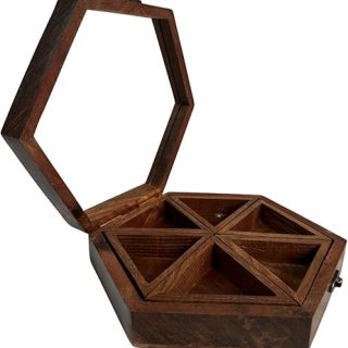 IRAY Hexagonal wooden spice box with spoon Traditional spice box Multi utility container (Sheesham wood)