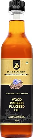 Shree Aanantam Wood Pressed Flax seed Oil - 1 Litre |Kolhu/Kacchi Ghani/Chekku | Natural | Chemical-Free | Cold Pressed Flaxseed Oil for Cooking | Alsi Ka Tel | High in Omega - 1l (Pack of 1)