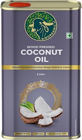 GirOrganic Wood Press Coconut Oil - 5 Litre TIN | Kacchi Ghani | Virgin | Unrefined | Cold pressed |100% Natural cooking oil | Gopal Ratna Award Winner 2023