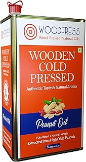 WOODFRESS Cold Pressed Groundnut Oil 5 Litre - Extracted from 13kg Red JAVA Peanuts for 5L Pure Woodpress Oil (Lakdi Ghani) Healthy Cooking Oil, 100% Natural Cold-pressed Peanut Oil, Metal Tin 5L