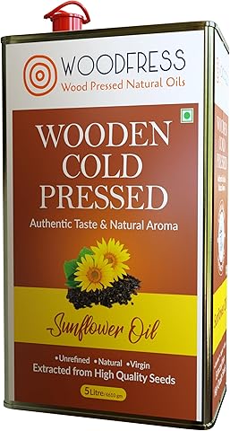 WOODFRESS Pure Wood Pressed Cold Pressed Sunflower Oil - 5 Litre | Unrefined, Chemical-Free, Natural Cooking Oil | Extracted From 19Kg Sunflower Seeds | Nutrient-Rich Edible Oil For Cooking