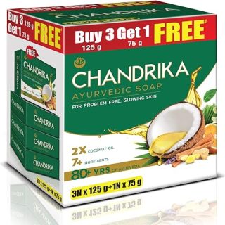 Chandrika Ayurvedic Soap Classic| Handmade Soap for Naturally Radiant Skin| For All Skin Types| 125g (Pack of 3)+75g Free