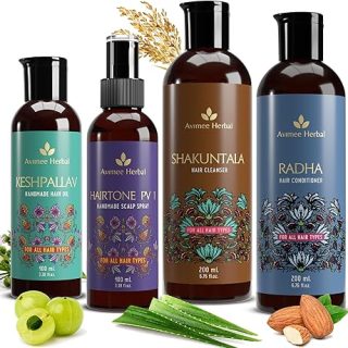 Avimee Herbal Keshpallav Hair Oil (100 ml) & Hairtone PV 1 Scalp Spray (100 ml) & Shakuntala Hair Shampoo (200 ml) & Radha hair Conditioner (200 ml) Combo Pack | Super Saver Pack