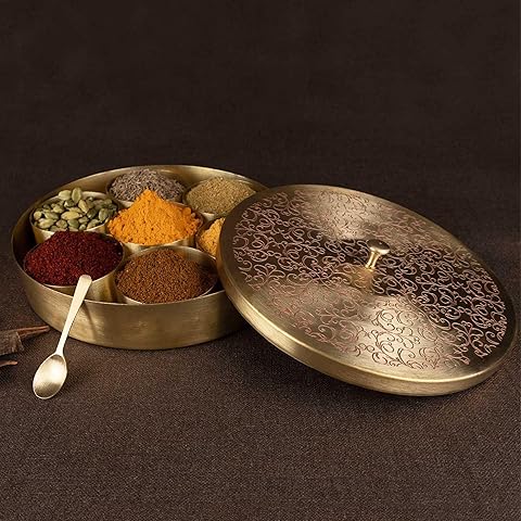 PATRA Handcrafted 8" Pure Brass Spice Box with 7 Spacious Compartments, Featuring a Traditional Engraved Lid and 1 Spoon - Perfect for Storing and Organizing Spices in a Stylish, Authentic Design